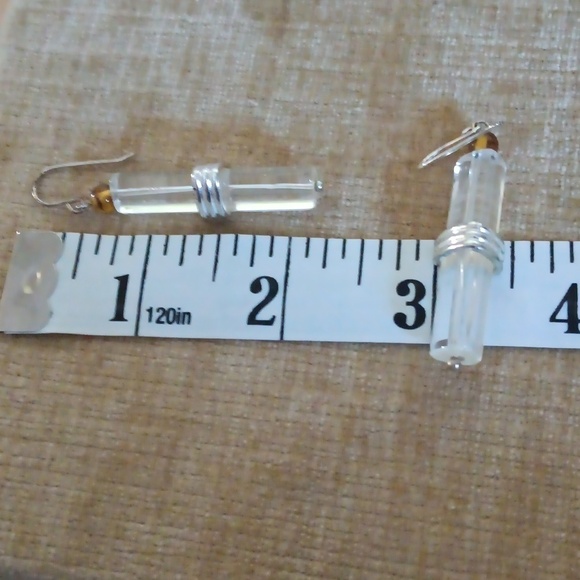 Clear Glass Triangular Cylinder Silver Tone Dangle Earrings - Picture 2 of 6